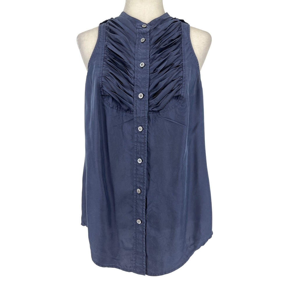 Martin + Osa Womens Navy Blue 100% Silk Pleated Bib Sleeveless Blouseā Size 12